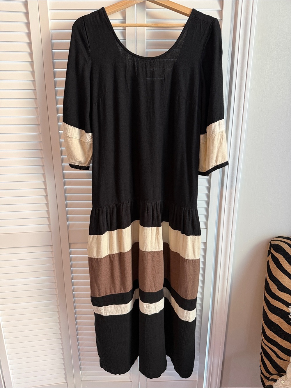 Free People Black Maxi Dress with Cream and Brown Stripe Panels
